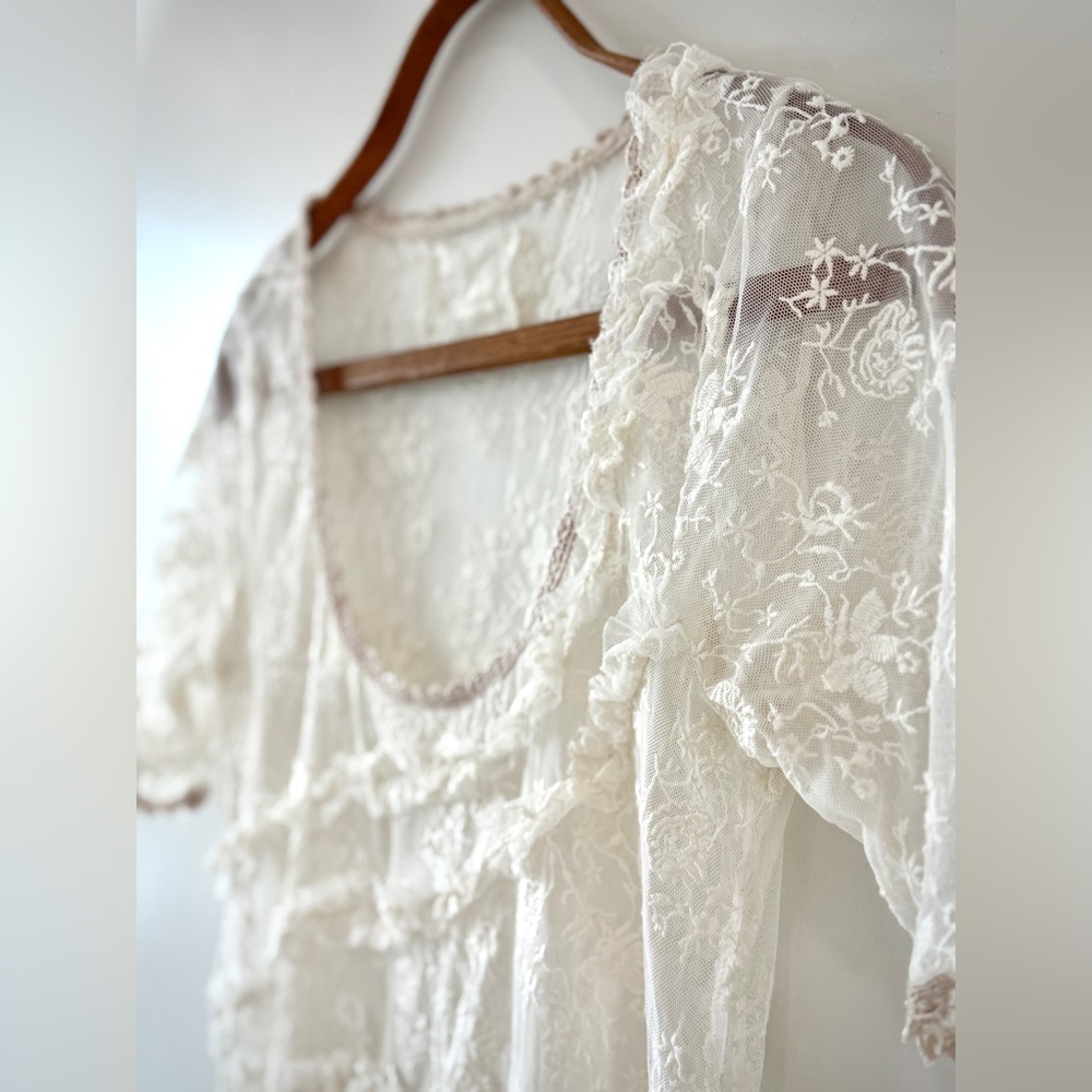 Johnny Was All White Lace Asymmetrical Short Sleeve Baby Doll Dress